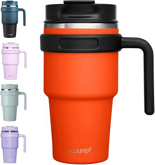 ALOUFEA 20 oz Insulated Coffee Mug Tumbler with Handle, Stainless Steel Travel Mug Tumbler with Lid and Straw,Double Wall Vacuum Leak Proof Ice Coffee Thermal Cup, Tangerine