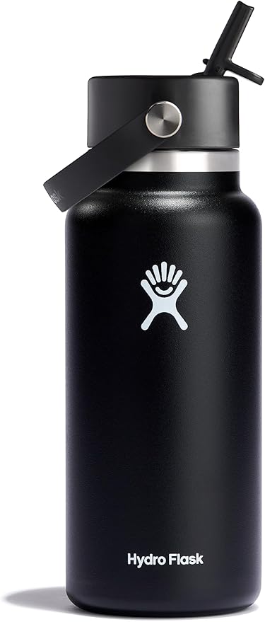 Hydro Flask Water Bottle - Insulated Stainless Steel - Wide Straw Lid, Non Spill, Leakproof in 32 Oz Black