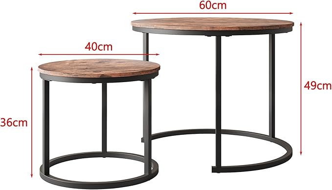 Small Coffee Table Living Room, Black Round Coffee Table Nesting Table Set of 2,Metal Frame with Wood Sofa Table,Sturdy and Easy Assembly,Stacking Side Table for Bedroom,Office,Balcony