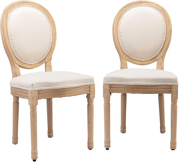 French Country Dining Chairs Set of 2, Vintage Wooden Dining Chairs with Fabric Upholstered Seat&Oval Backrest,Solid Wood Legs&Frame, Farmhouse Kitchen&Living Room Chairs(Beige,2 Pcs)