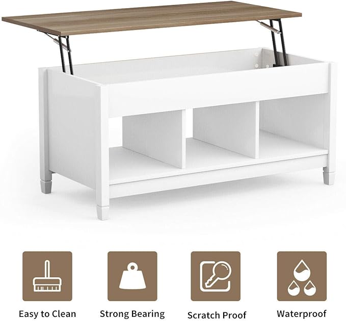 DORTALA Lift Top Coffee Table, Wood Cocktail Table w/Hidden Compartment & Lower Storage Shelves, Wood Laptop Table, Lift Tabletop Home Furniture for Living Room, Guest Room, Office, White