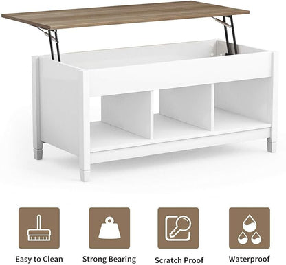 DORTALA Lift Top Coffee Table, Wood Cocktail Table w/Hidden Compartment & Lower Storage Shelves, Wood Laptop Table, Lift Tabletop Home Furniture for Living Room, Guest Room, Office, White