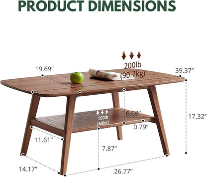2-Tier Solid Oak Wood Coffee Table - Practical Center Table with Double Storage for Small Apartments, Living Rooms, Bedrooms, and Offices (Walnut, 39.37" D x 19.69" W x 17.32" H)