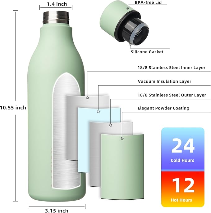 BJPKPK Insulated Water Bottles, 25 oz Stainless Steel Metal Water Bottle with Strap, BPA Free Leak Proof Jugs, Mugs, Flasks, Reusable Thermal Flasks for Sports & Travel, Macaron Green