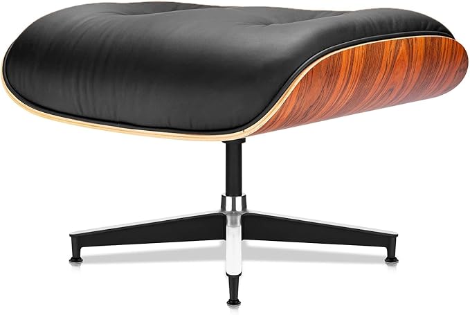 Premium Black Grain Leather, Mid Century Modern Chaise Lounge & Ottoman Set, Classic Design Chair, Heavy Duty Base Support for Living Room, Lounge, Office, Palisander Wood（Palisander-black, Upgraded)