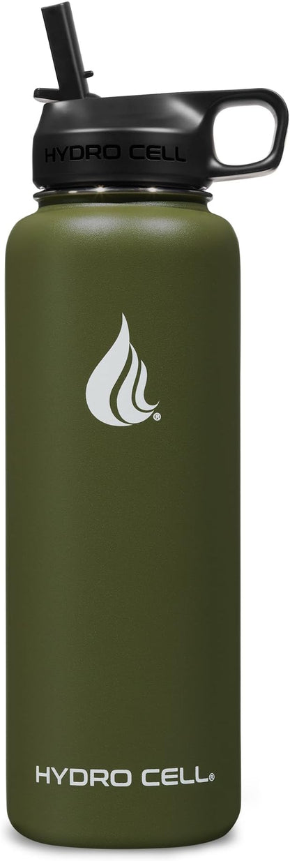 HYDRO CELL Stainless Steel Insulated Water Bottle with Straw - For Cold & Hot Drinks - Metal Vacuum Flask with Screw Cap and Modern Leakproof Sport Thermos for Adults (Army 40oz)