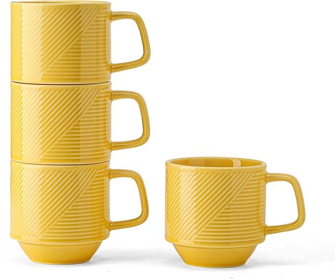 Stackable Coffee Mugs Set: 13 oz Ceramic Stacking Cups for Cappuccino Latte Tea - Microwave Safe Mug for Home & Office - 4 PCS, Light Yellow