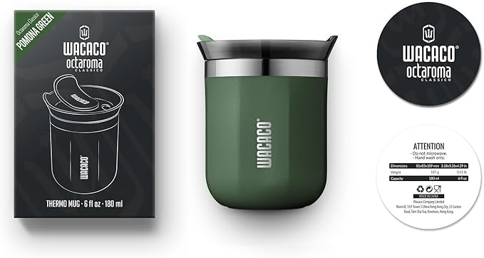 WACACO Octaroma Classico Vacuum Insulated Coffee Mug, Double-wall Stainless Steel Travel Tumbler With Drinking Lid, 6 fl oz (180ml), Pomona Green