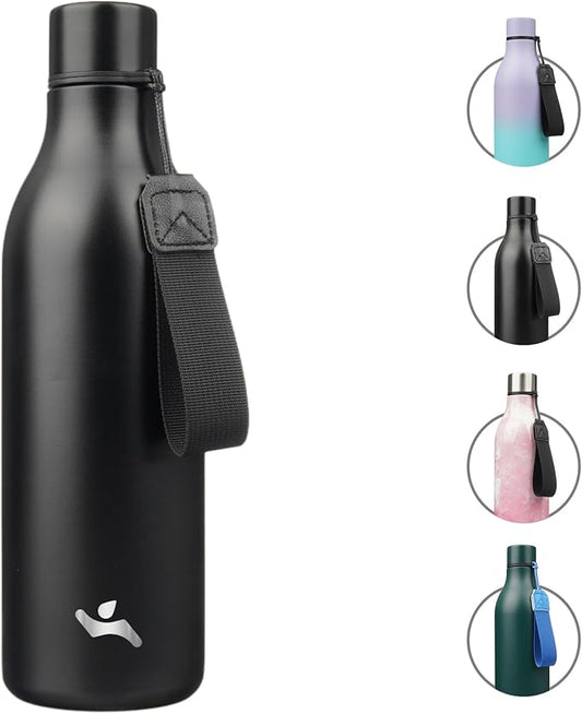 Insulated Water Bottle with Strap,25 oz Double Wall Stainless Steel Vacuum Bottles Metal Water Flask,Black