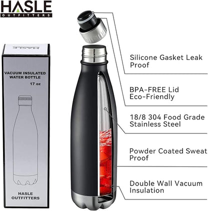 HASLE OUTFITTERS 17oz Stainless Steel Water Bottles, Vacuum Insulated Water Bottles Double Walled Reusable Metal Sports Water Bottles Keep Drinks Hot and Cold, Black, 1Pack