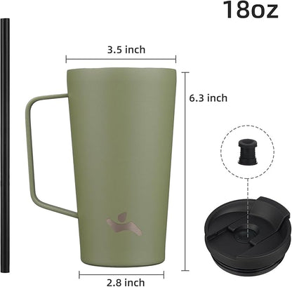 Insulated Tumbler with Handle and Straw, 18 OZ Travel Coffee Mug Stainless Steel Cup Metal Water Bottle,Camp Green