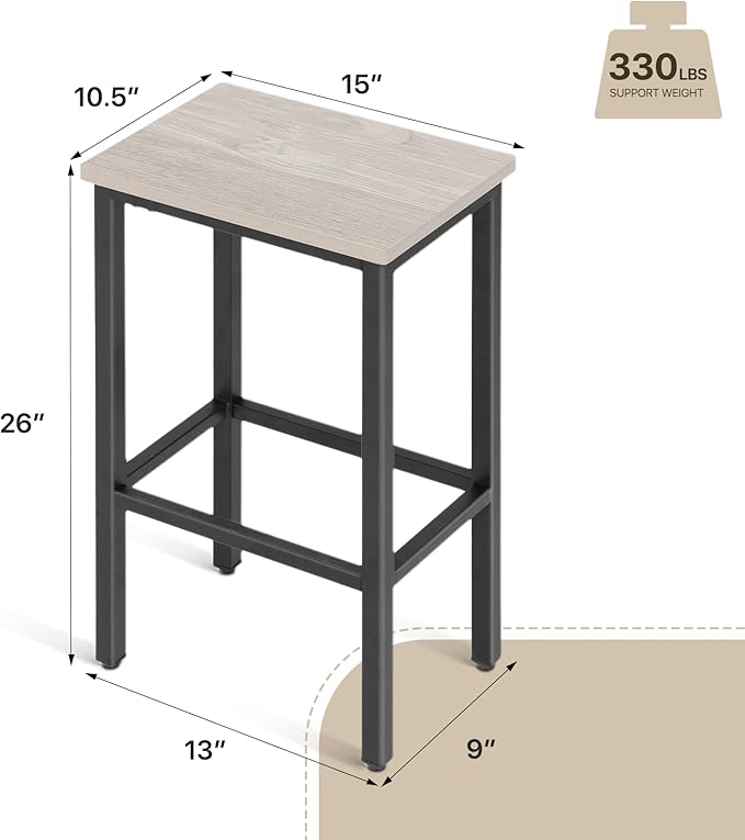 Athena Collection Bar Stools Set of 2, 26 Inches Counter Height Bar Stools Backless with Metal Legs and Footrest, Wood Barstools for Home, Kitchen Island, Counter, Grey
