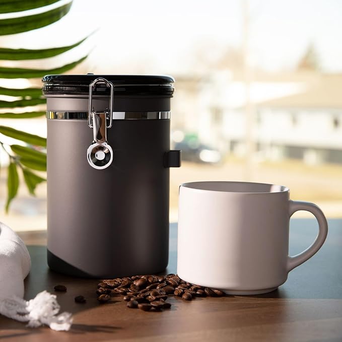 Veken Coffee Canister, Airtight Stainless Steel Kitchen Food Storage Container with Date Tracker and Scoop for Grounds Coffee, Beans, Tea, Flour, Cereal, Sugar, 22OZ, Gray