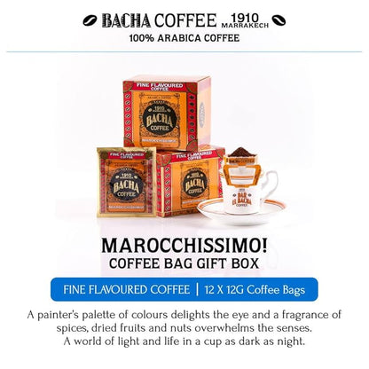 Bacha Coffee | Marocchissimo! Fine Flavoured, 100% Arabica Specialty Coffee Beans, Medium Roast, x12 Individually Wrapped Single Serve Filter Bags