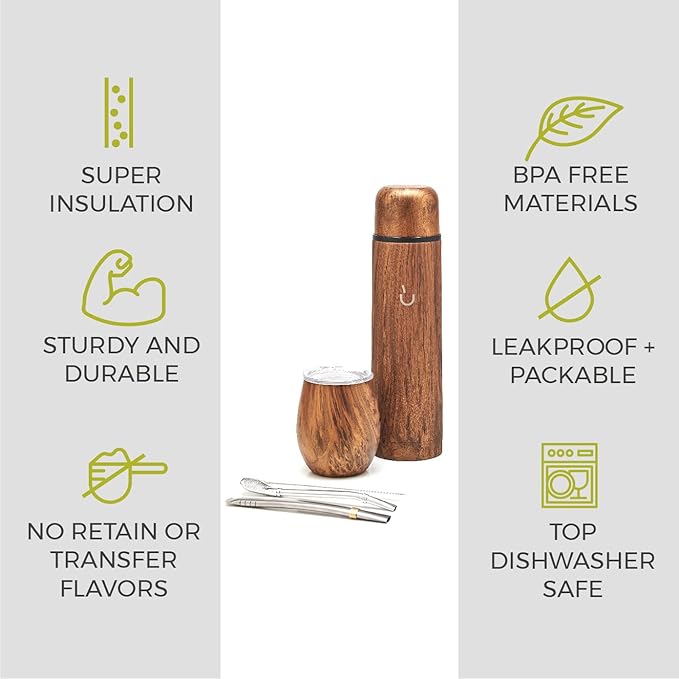 BALIBETOV Complete Yerba Mate Set - Modern Mate Gourd, Thermal Flask, Bombilla and Cleaning Brush Included - All Premium Quality 304 18/8 Stainless Steel (Wood)