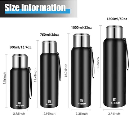 Insulated vacuum Thermo Bottle 1500ml/50.7oz with cup Stainless steel coffee bottles for hot and cold drink water flask.(Black,1500ml)
