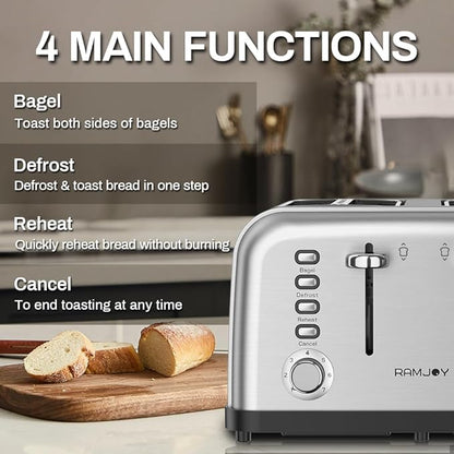 Toaster 4 Slice, Dual Independent Controls, Extra Wide Slot Toasters for Bagel, Bread, Waffles, 7 Shade Settings, 4 Main Functions, Removable Crumb Tray, 1500 Watts, Brushed Stainless Steel
