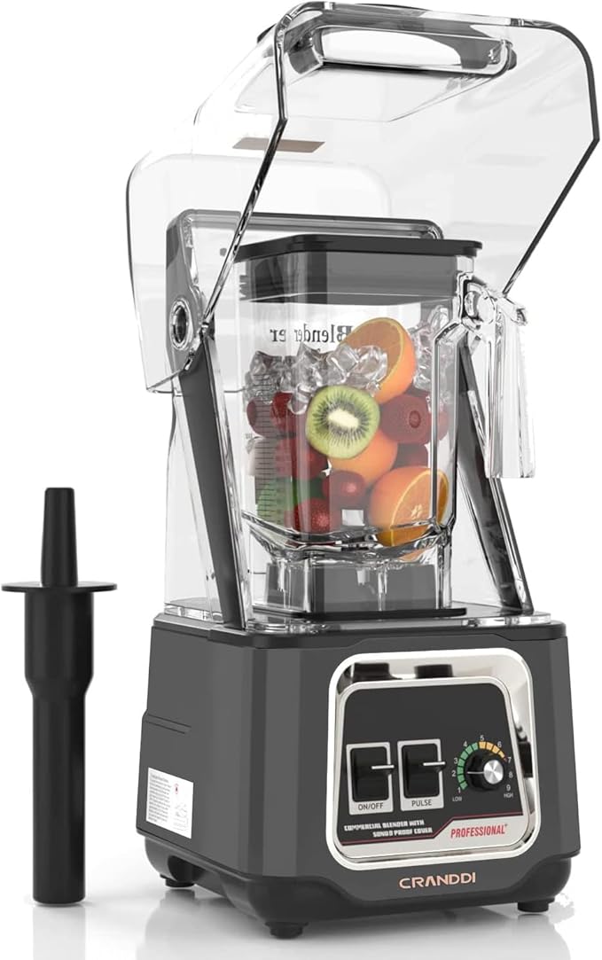 CRANDDI Commercial Blender, 2200W Countertop Blenders with Removable Shield, Quiet Smoothie Blender for Shakes and Ice Crushing, 52oz, 38000 RPM Professional Blenders for Kitchen, K80 (Grey)