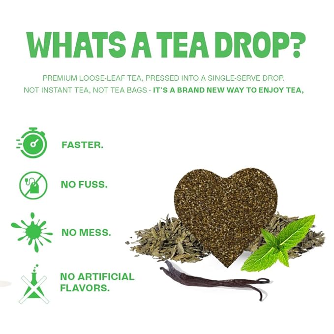Tea Drops 30 Bulk Pack Organic Peppermint Bagless Tea - Loose Leaf, Lightly Sweetened, On-The-Go. Plastic-Free - Iced or Hot Tea
