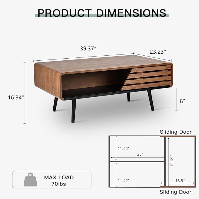 Wood Rectangle Coffee Table with Storage, Mid Century Modern Coffee Table, Living Room Center Table for Home, Apartment, Office, Walnut/Black