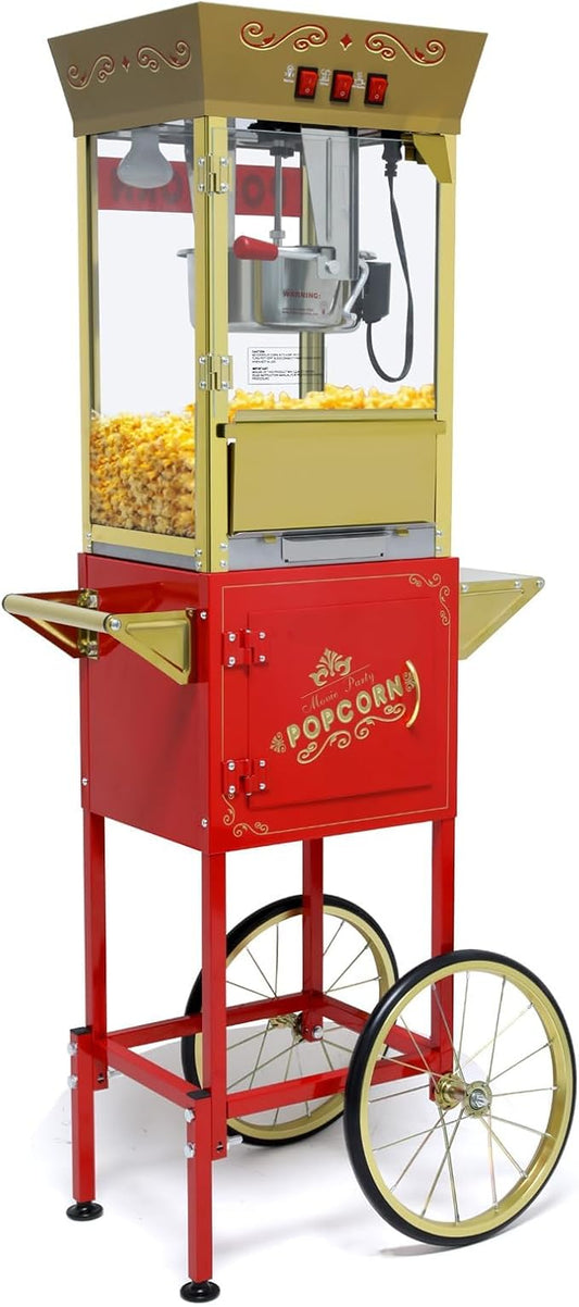 Popcorn Machine with Cart, Wheels & 12 Oz Kettle, Popcorn Maker Machine Vintage Style Movie Theater Popcorn Machine for Parties, Events, Commercial, and Home Theater