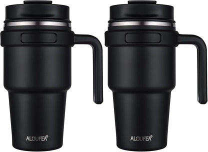 ALOUFEA 20 oz Insulated Coffee Mug Tumbler with Handle, Stainless Steel Travel Mug Tumbler with Lid and Straw,Double Wall Vacuum Leak Proof Ice Coffee Thermal Cup, Black