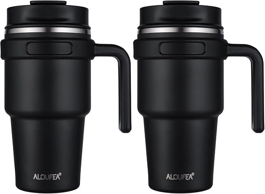 ALOUFEA 20 oz Insulated Coffee Mug Tumbler with Handle, Stainless Steel Travel Mug Tumbler with Lid and Straw,Double Wall Vacuum Leak Proof Ice Coffee Thermal Cup, Black