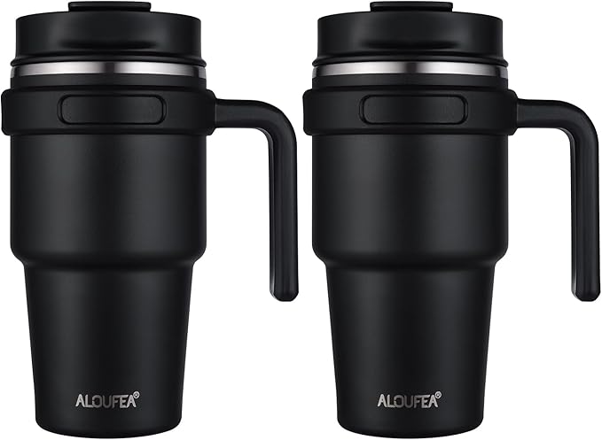 ALOUFEA 20 oz Insulated Coffee Mug Tumbler with Handle, Stainless Steel Travel Mug Tumbler with Lid and Straw,Double Wall Vacuum Leak Proof Ice Coffee Thermal Cup, Black