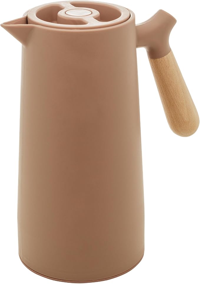 WOLFF - Thermal Coffee Carafe – 34oz/1L Insulated Food-Safe Plastic Exterior and Glass Liner, Wood-Style Handle – Keeps Drinks Hot or Cold for Hours, Coffee and Tea Dispenser - Nude Pink, 34floz/1L