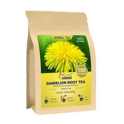FullChea - Dandelion Root Tea Bags, 100 Teabags, 2.5g/bag - Premium Raw Dandelion Root Tea Detox - Non-GMO - Caffeine-free - Rich in Vitamins & Support Immune System