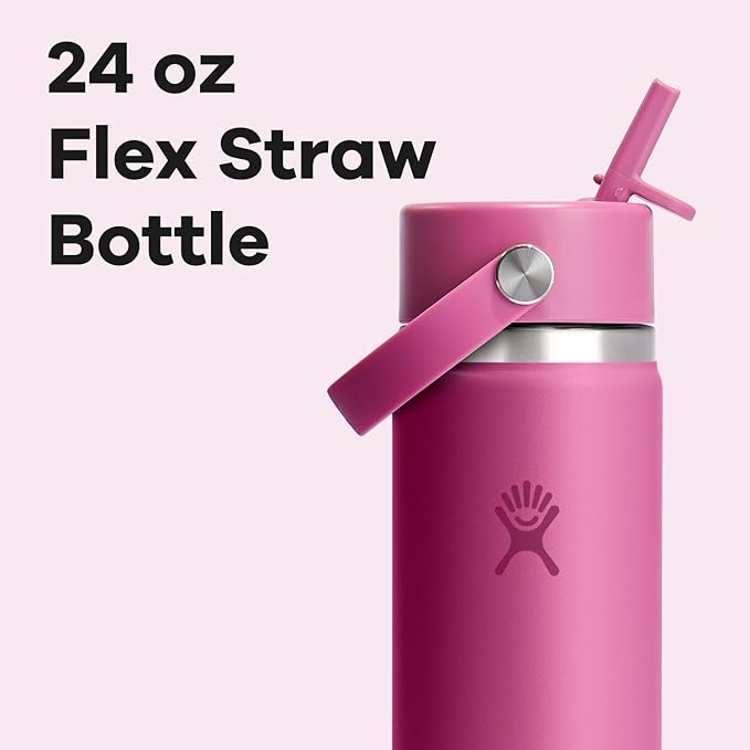 Hydro Flask Water Bottle - Insulated Stainless Steel - Wide Mouth Flex Straw Lid, Non Spill, Leakproof and Refillable in 24 Oz Reef Pink