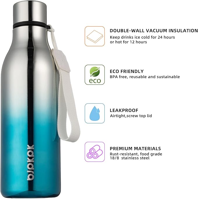 BJPKPK Insulated Water Bottles, 18 oz Stainless Steel Metal Water Bottle with Strap, BPA Free Leak Proof Jugs, Mugs, Flasks, Reusable Thermal Flasks for Sports & Travel, Blue Lagoon