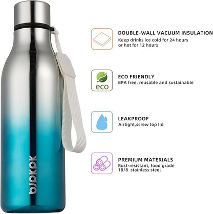 BJPKPK Insulated Water Bottles, 18 oz Stainless Steel Metal Water Bottle with Strap, BPA Free Leak Proof Jugs, Mugs, Flasks, Reusable Thermal Flasks for Sports & Travel, Blue Lagoon