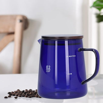 Glass Coffee Server, 500ml Coffee Pour over Carafe Pour over Coffee Pot Coffee Glass Pot with Wooden Lid for Home Office(Blue)