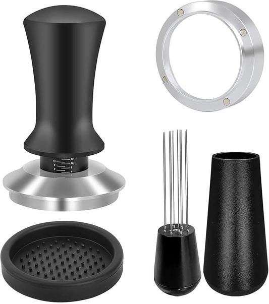 Coffee Espresso Tamper with WDT Tool, Coffee Press with Silicone Mat, 100% Flat Stainless Steel Base Tamper for Espresso Coffee Machine (Black5, 51mm)