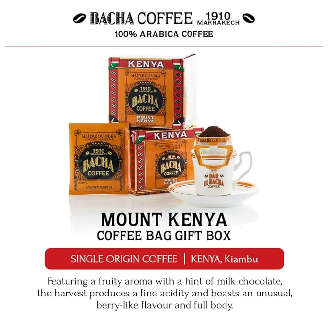 Bacha Coffee | Mount Kenya Single Origin, 100% Arabica Specialty Coffee Beans, Medium Dark Roast, x12 Individually Wrapped Single Serve Filter Bags