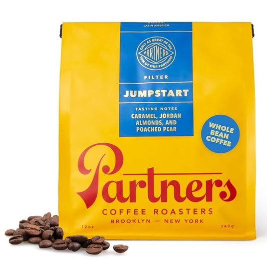 PARTNERS COFFEE ROASTERS - Whole Bean Coffee (Jumpstart - Medium-Light Roast) 12oz - Full Bodied & Packed With Flavor - Jordan Almond, Caramel, Poached Pear - Coffee Beans - Roasted in New York City