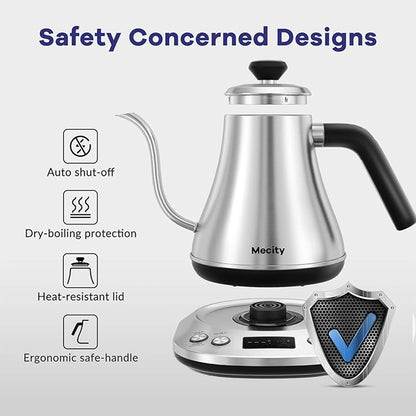 Mecity Electric Gooseneck Kettle With LCD Display Automatic Shut Off Retro Coffee Kettle Temperature Control Hot Water Boiler to Pour Over Tea, 1200 Watt Quick Heating Tea Pot, 0.8L, Stainless Steel