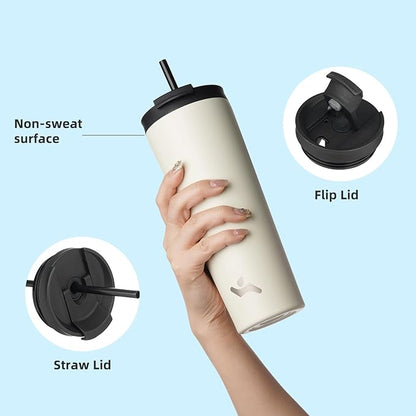 18 OZ Insulated Tumbler with Lid and 2 Straws Stainless Steel Water Bottle Vacuum Travel Mug Coffee Cup,Angel White