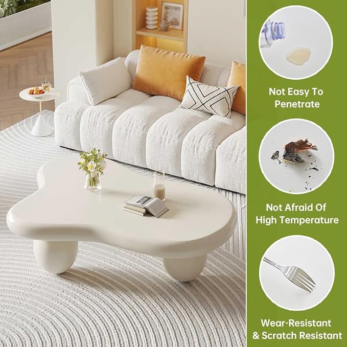 Cloud Coffee Table Modern Irregular Coffee Table Asymmetrical Unique Coffee Tables with 3 Bases for Living Room Farmhouse (C, 46")