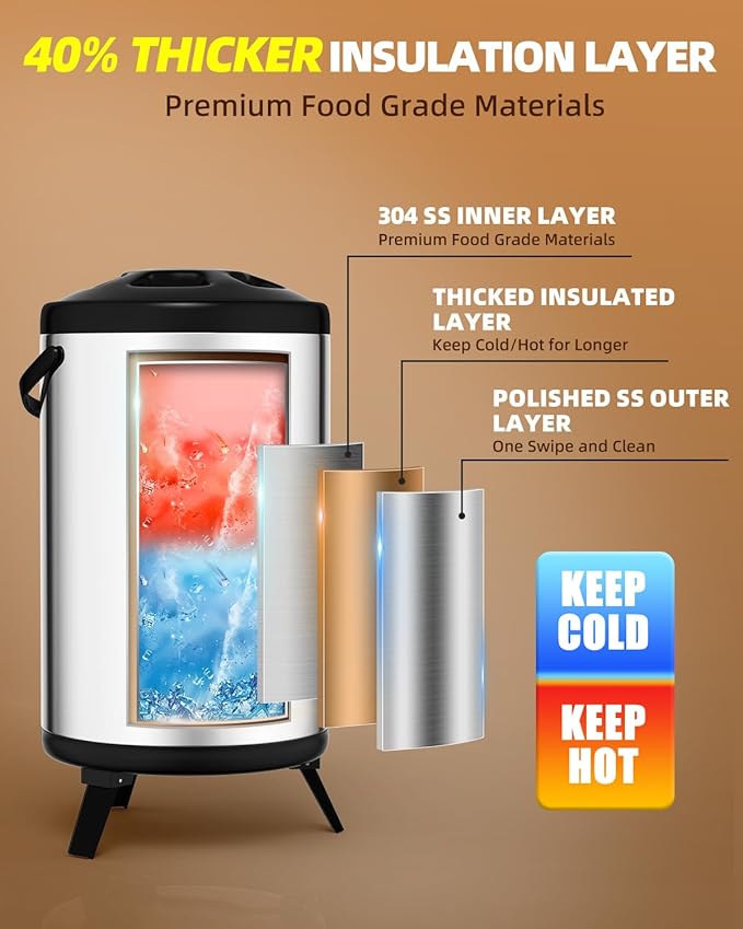 Insulated Beverage Dispenser 3 Gallon, Hot Water Dispenser with Stainless Steel Interior, Large Carafe Hot Coffee Dispenser for Parties, Catering, Drink Dispenser for Tea Milk, Silver, Non-electric