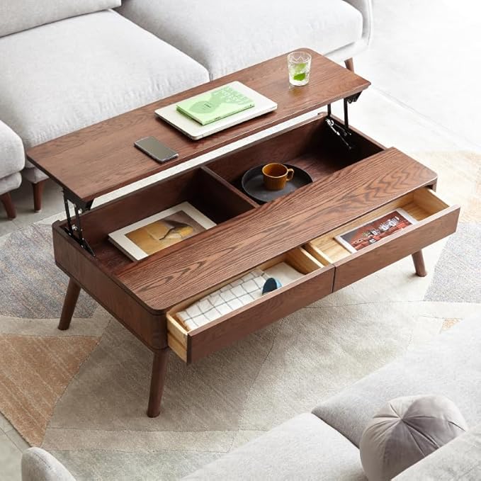 Wood Lift Top Coffee Table, 100% Solid Oak Wood Small Rising Dining Center Tables with Storage Shelf and Hidden Compartment for Living Room 48D x 26W x 26H