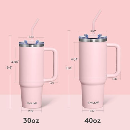 30 oz Tumbler with Handle, Tumbler with Lid and Straw, Double Wall Vacuum Insulated Travel Mug Stainless Steel Tumbler for Hot and Cold, Cupholder Friendly (Pink)