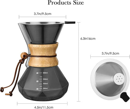 Pour Over Coffee Maker with Stainless Steel Filter, 20 oz Borosilicate Glass Coffee Carafe, Wooden Collar, Coffee Maker Carafe, Hold 3-4 Cups, 600 ml, Gray