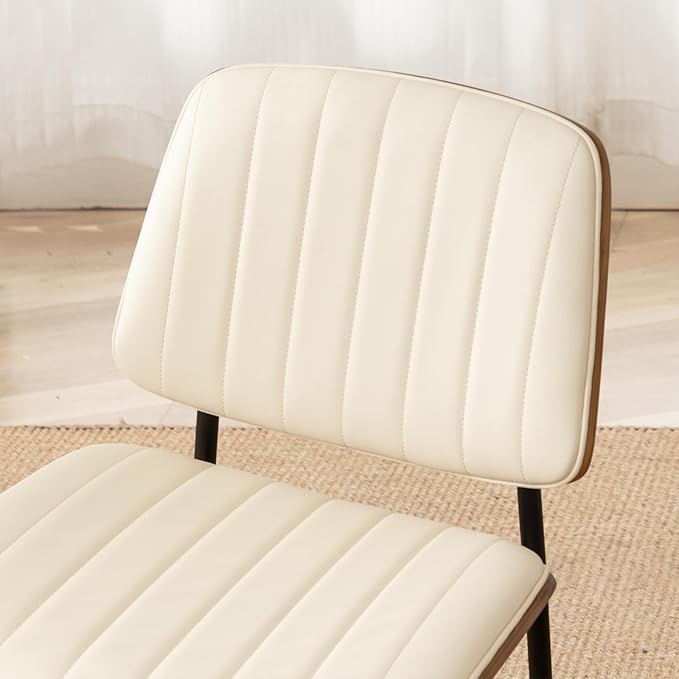 LUNLING Dining Room Chairs Set of 2 Mid Century Modern Retro Beige Faux Leather Chair with Walnut Bentwood Upholstered Seat Metal Legs Kitchen Chairs Adjustable Foot for Kitchen Dining Room
