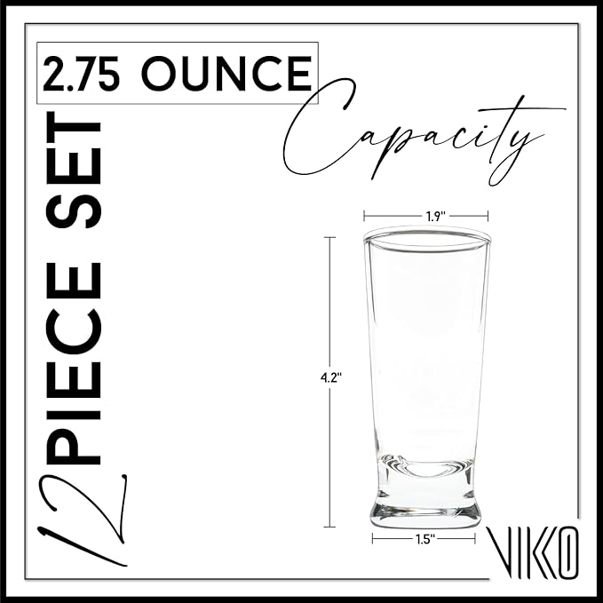 Vikko 2.75 Ounce Shot Glasses, Set of 12 Small Liquor and Spirit Glasses, Durable Tequila Bar Glasses For Alcohol and Espresso Shots, 12 Piece Shooter Glass Set