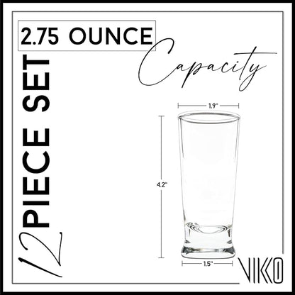 Vikko 2.75 Ounce Shot Glasses, Set of 12 Small Liquor and Spirit Glasses, Durable Tequila Bar Glasses For Alcohol and Espresso Shots, 12 Piece Shooter Glass Set