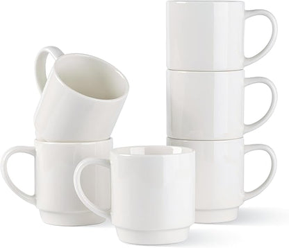 GBHOME 11OZ Stackable Coffee Mugs, Ceramic Coffee Mugs Set of 6 for Man,Woman,Dad,Mom, Porcelain Coffee Mugs for Latte/Cappuccino/Cocoa. Dishwasher&Microwave Safe, Off White