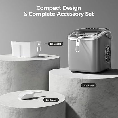 Crzoe Countertop Ice Maker Machine with Handle,26Lbs/24H,9 Cubes Ready in 6 Mins,Self-Cleaning Function with Ice Scoop and Basket for Home/Office(Grey)