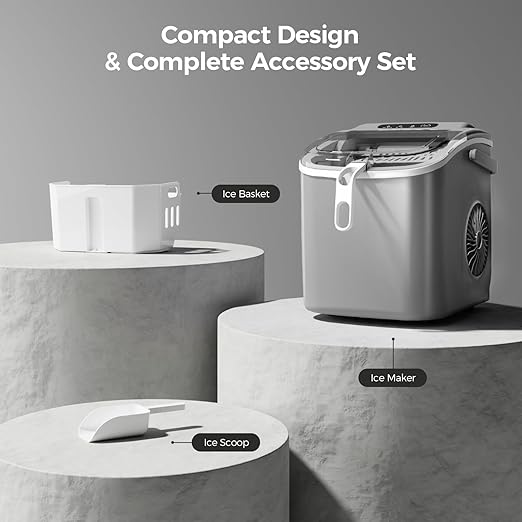 Crzoe Countertop Ice Maker Machine with Handle,26Lbs/24H,9 Cubes Ready in 6 Mins,Self-Cleaning Function with Ice Scoop and Basket for Home/Office(Grey)